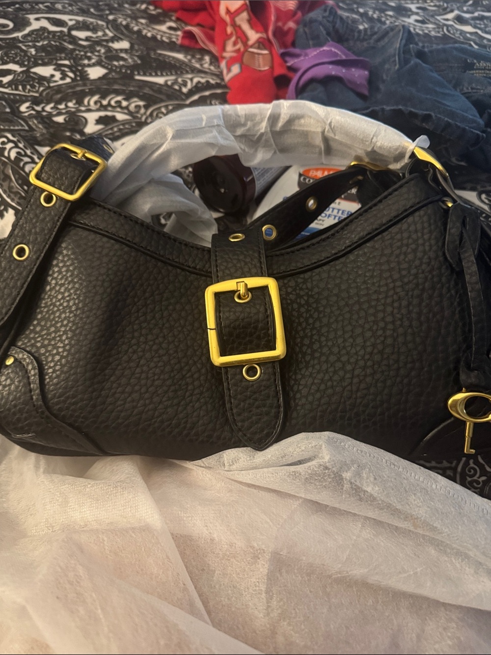 Textured Black Shoulder Bag with Gold Buckle Accent